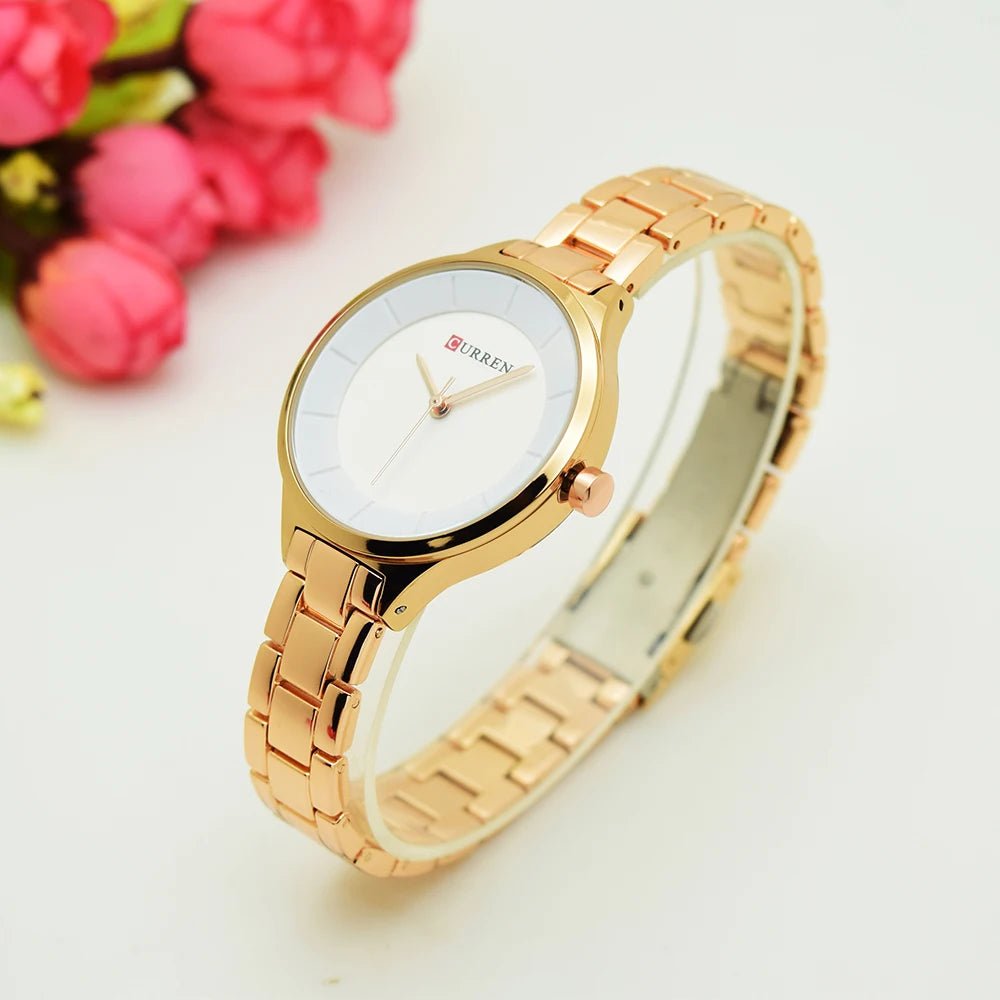 C-9015L Curren SILVER Dial Golden Stainless Chain Steel Analog Quartz Women's Watch. - Timecheck