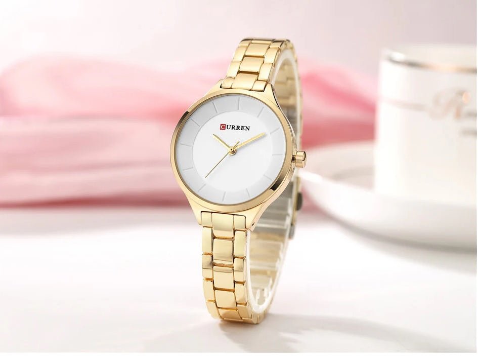 C-9015L Curren SILVER Dial Golden Stainless Chain Steel Analog Quartz Women's Watch. - Timecheck