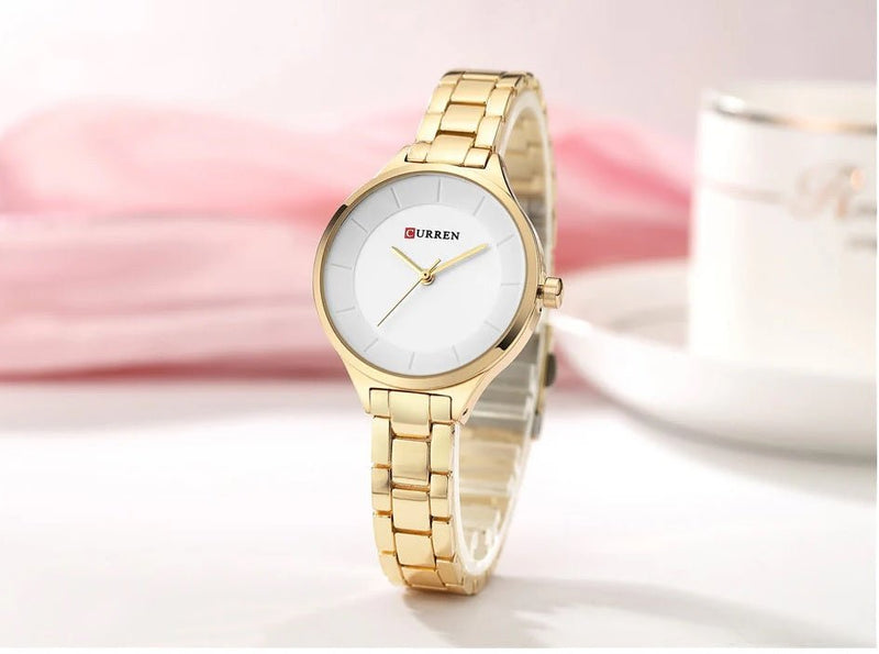 C-9015L Curren SILVER Dial Golden Stainless Chain Steel Analog Quartz Women's Watch. - Timecheck