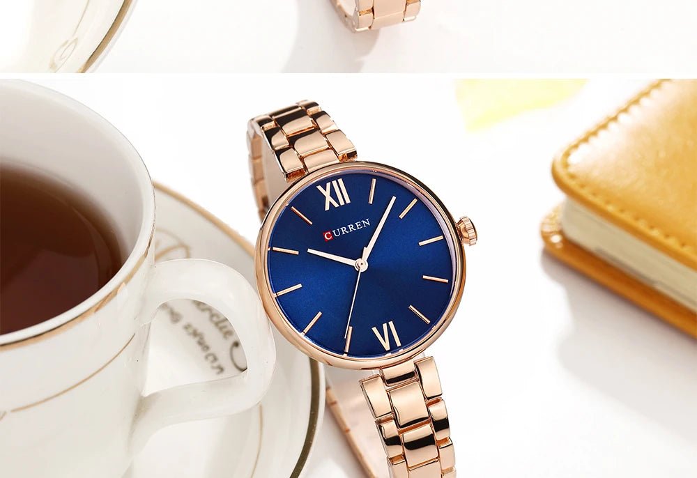 C-9017L Curren Blue Dial Rose-gold Stainless Steel Chain Analog Quartz Women's Watch. - Timecheck
