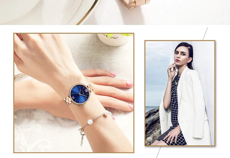 C-9017L Curren Blue Dial Rose-gold Stainless Steel Chain Analog Quartz Women's Watch. - Timecheck