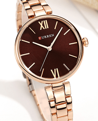C-9017L Curren Brown Dial Rose-gold Stainless Steel Chain Analog Quartz Women's Watch. - Timecheck