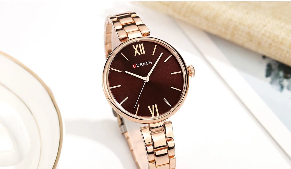 C-9017L Curren Brown Dial Rose-gold Stainless Steel Chain Analog Quartz Women's Watch. - Timecheck