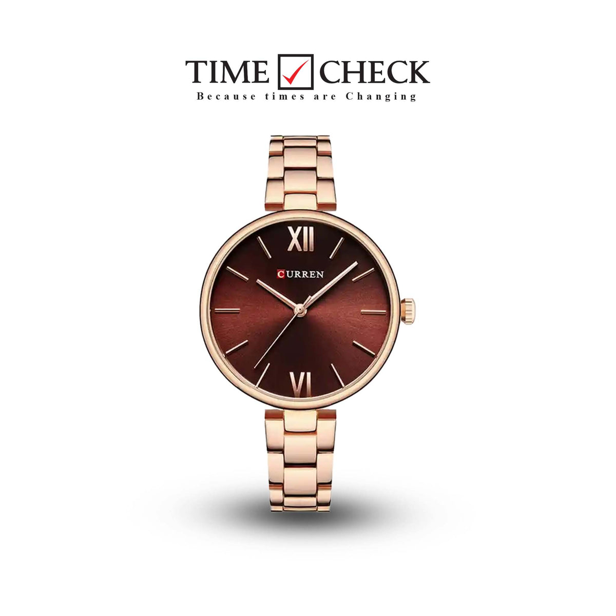 C-9017L Curren Brown Dial Rose-gold Stainless Steel Chain Analog Quartz Women's Watch. - Timecheck