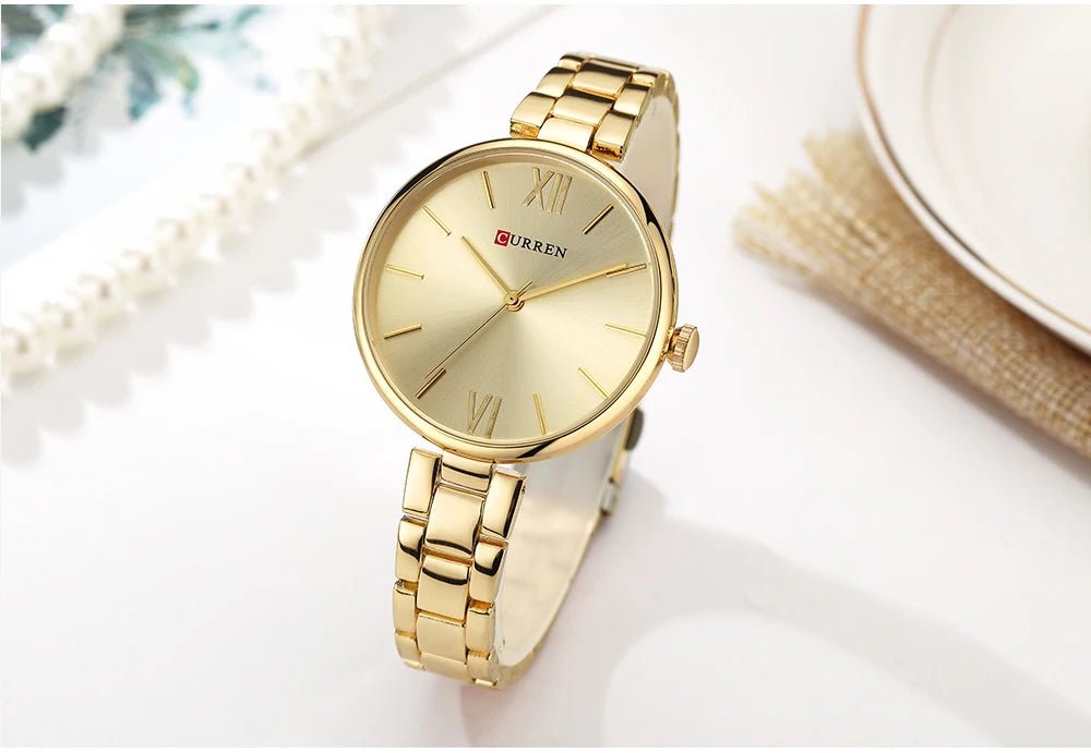 C-9017L Curren Gold Dial & Gold Stainless Steel Chain Analog Quartz Women's Watch. - Timecheck