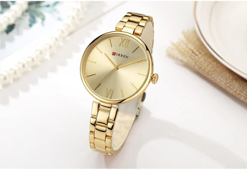 C-9017L Curren Gold Dial & Gold Stainless Steel Chain Analog Quartz Women's Watch. - Timecheck
