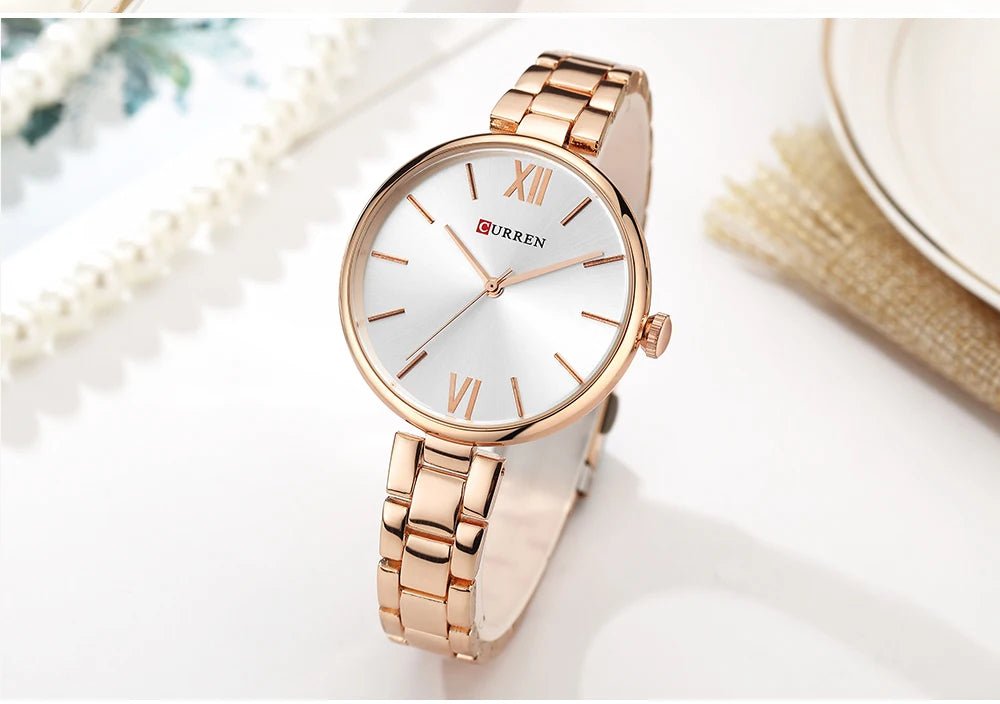 C-9017L Curren Silver Dial Rose-gold Stainless Steel Chain Analog Quartz Women's Watch. - Timecheck