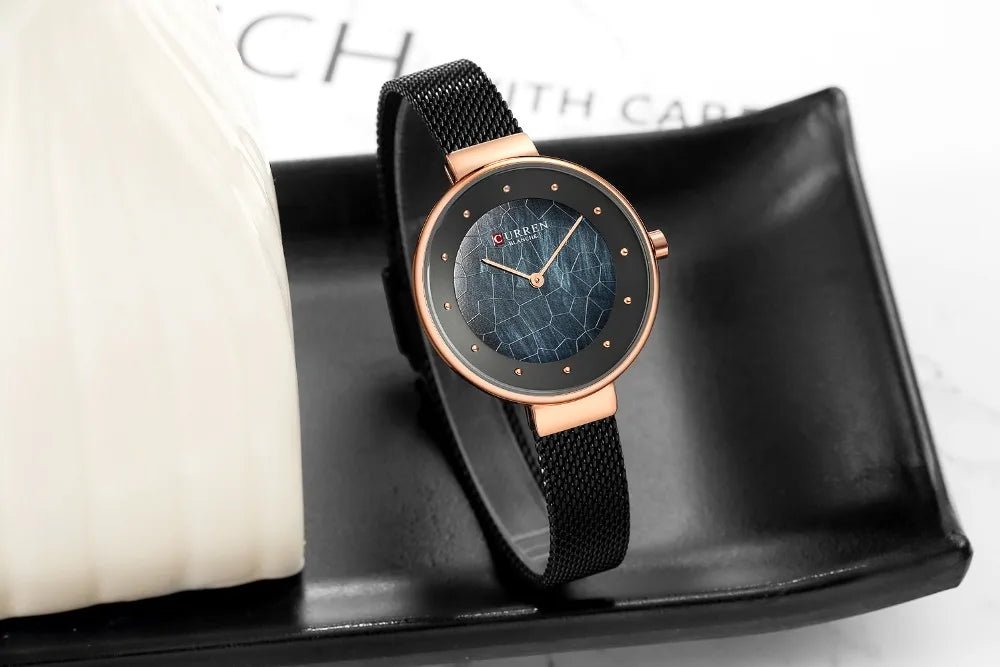C-9032L Curren Black Dial GOLDEN CASE Black Stainless Chain Steel Analog Quartz Women's Watch - Timecheck