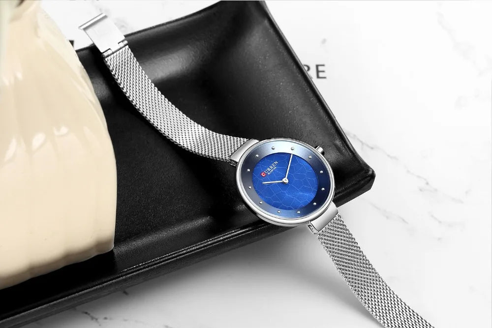 C-9032L Curren Blue Dial Silver Stainless Chain Steel Analog Quartz Women's Watch. - Timecheck