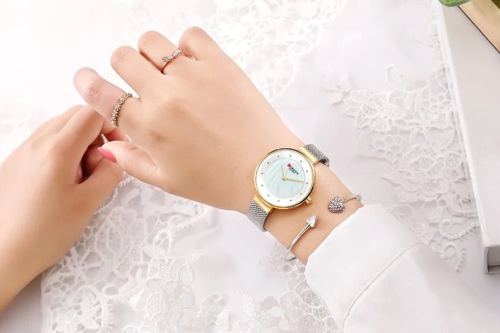 C-9032L Curren WHITE Dial GOLDEN CASE Stainless Chain Steel Analog Quartz Women's Watch. - Timecheck