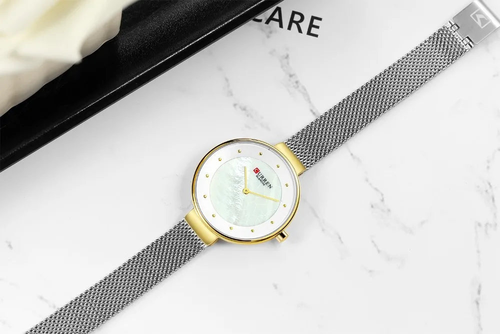 C-9032L Curren WHITE Dial GOLDEN CASE Stainless Chain Steel Analog Quartz Women's Watch. - Timecheck