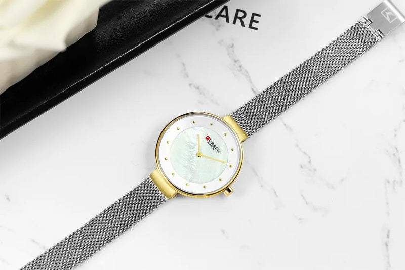 C-9032L Curren WHITE Dial GOLDEN CASE Stainless Chain Steel Analog Quartz Women's Watch. - Timecheck