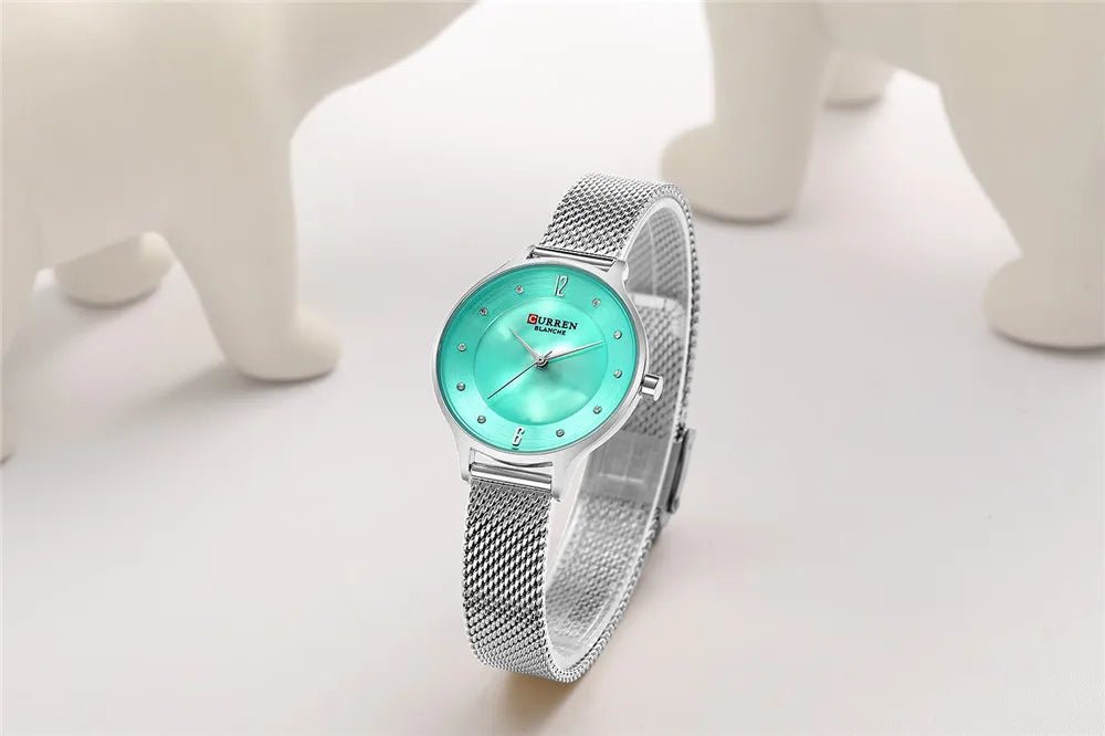 C-9036L Curren Green Dial Silver Stainless Chain Steel Analog Quartz Women's Watch. - Timecheck
