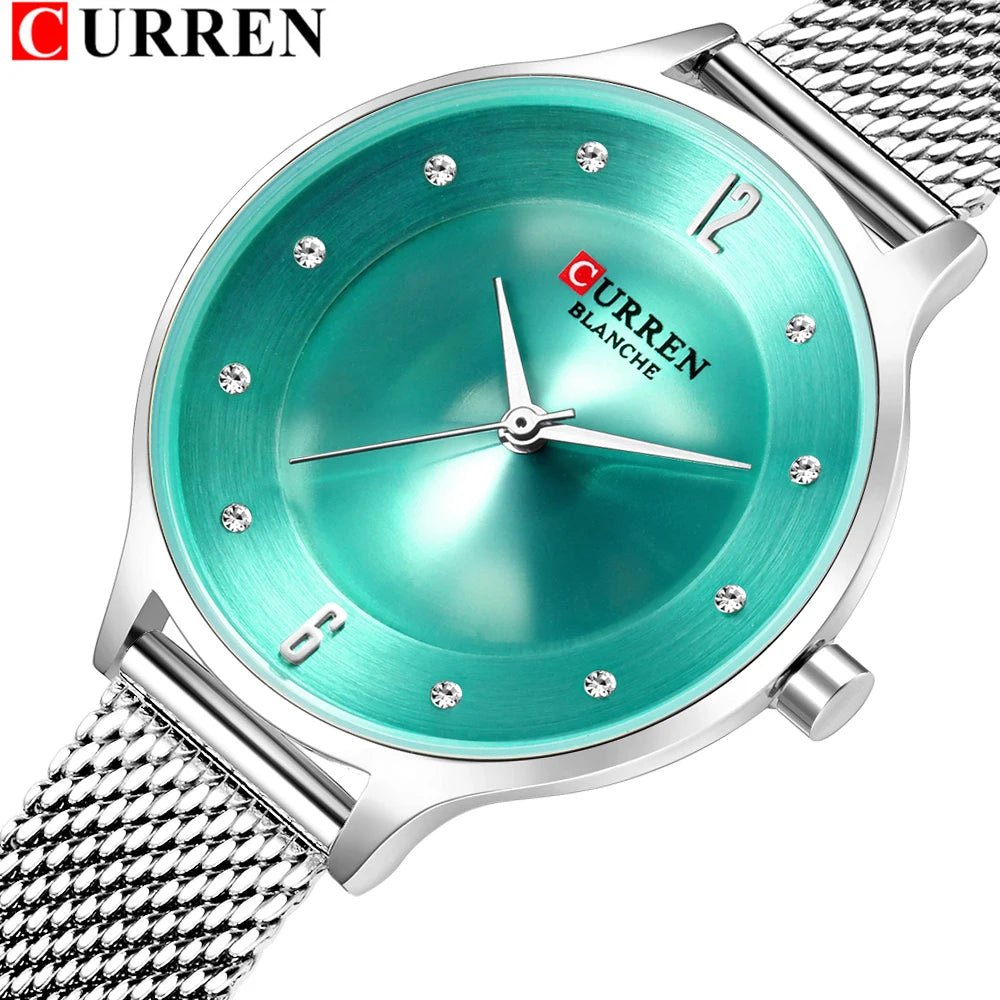 C-9036L Curren Green Dial Silver Stainless Chain Steel Analog Quartz Women's Watch. - Timecheck