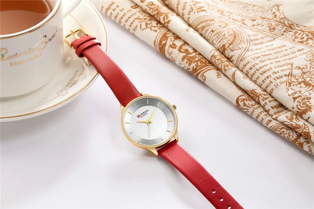 C-9041L Curren White Dial Red lather Straps Women's Watch. - Timecheck