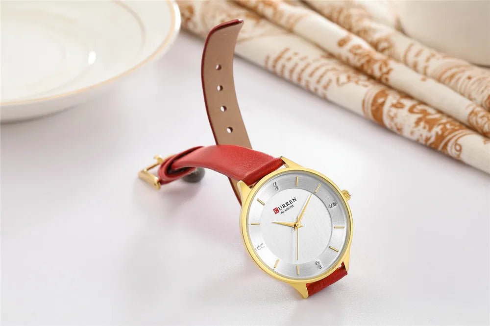C-9041L Curren White Dial Red lather Straps Women's Watch. - Timecheck
