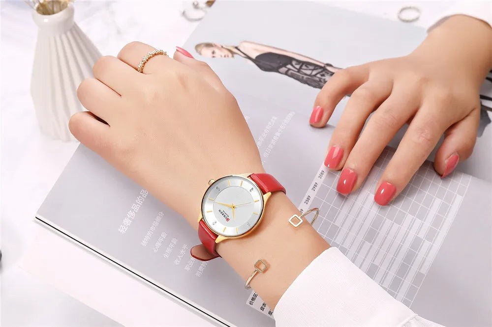 C-9041L Curren White Dial Red lather Straps Women's Watch. - Timecheck