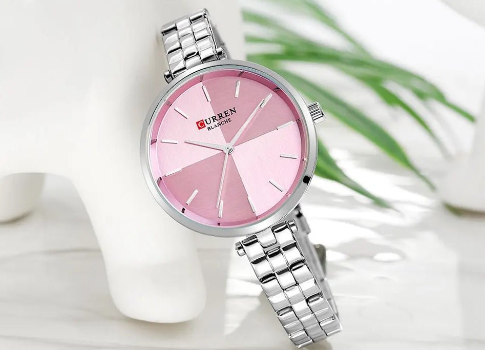 C-9043L Curren pink Dial & Silver Stainless Steel Chain Analog Quartz Women's Watch. - Timecheck