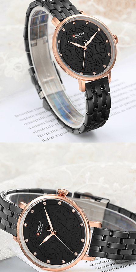 C-9046L Curren Black Dial Black Stainless Chain Steel Analog Quartz Women's Watch. - Timecheck
