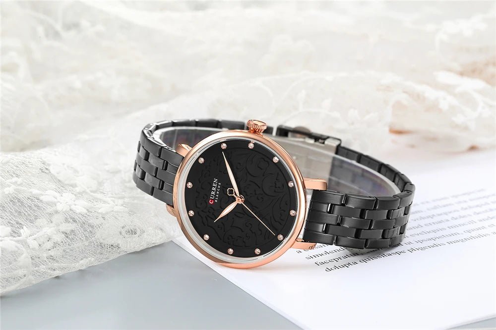 C-9046L Curren Black Dial Black Stainless Chain Steel Analog Quartz Women's Watch. - Timecheck