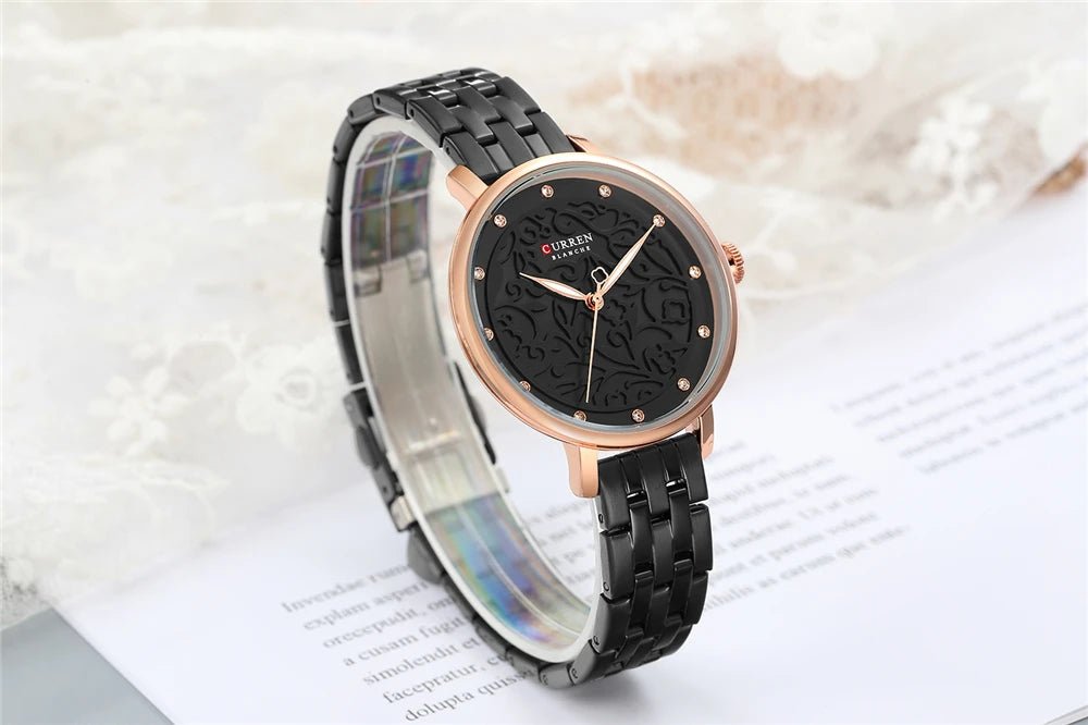 C-9046L Curren Black Dial Black Stainless Chain Steel Analog Quartz Women's Watch. - Timecheck