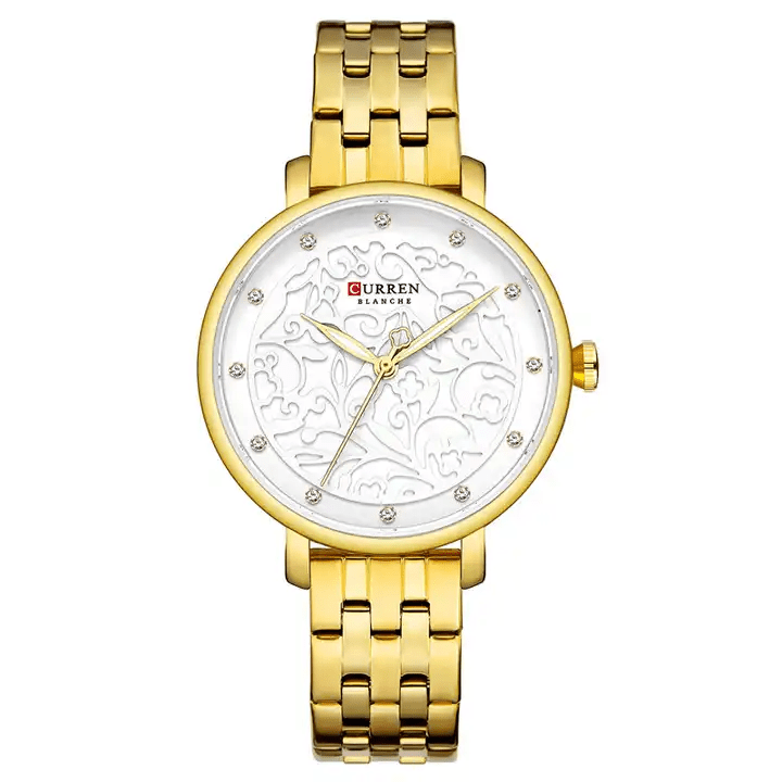 C-9046L Curren White Dial Golden Stainless Chain Steel Analog Quartz Women's Watch. - Timecheck