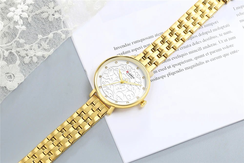 C-9046L Curren White Dial Golden Stainless Chain Steel Analog Quartz Women's Watch. - Timecheck