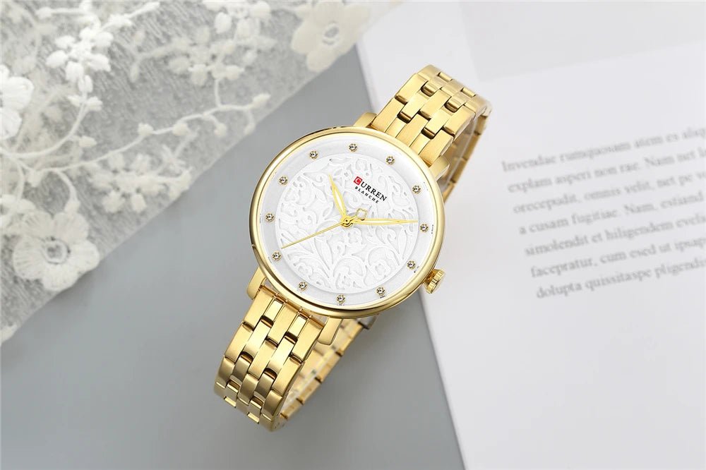 C-9046L Curren White Dial Golden Stainless Chain Steel Analog Quartz Women's Watch. - Timecheck