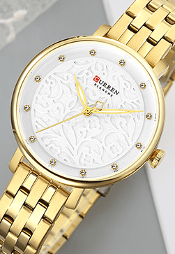 C-9046L Curren White Dial Golden Stainless Chain Steel Analog Quartz Women's Watch. - Timecheck