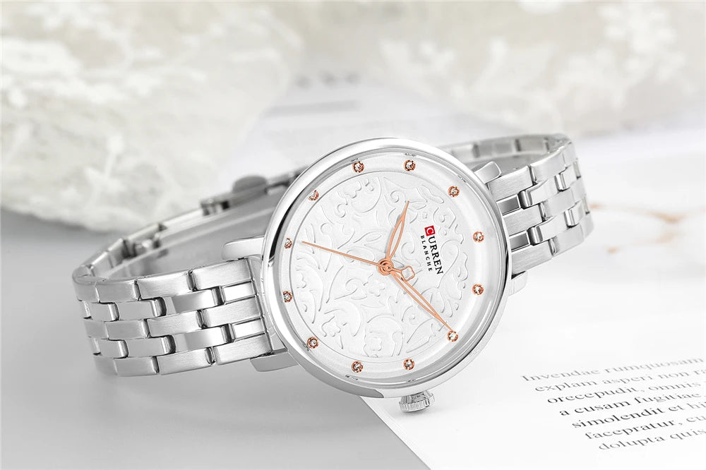C-9046L Curren White Dial Silver Stainless Chain Steel Analog Quartz Women's Watch. - Timecheck