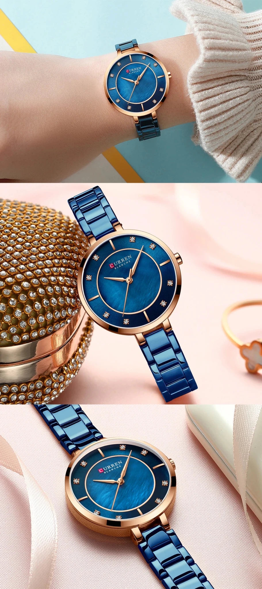 C-9051L Curren Blue Dial Blue Stainless Chain Steel Analog Quartz Women's Watch. - Timecheck