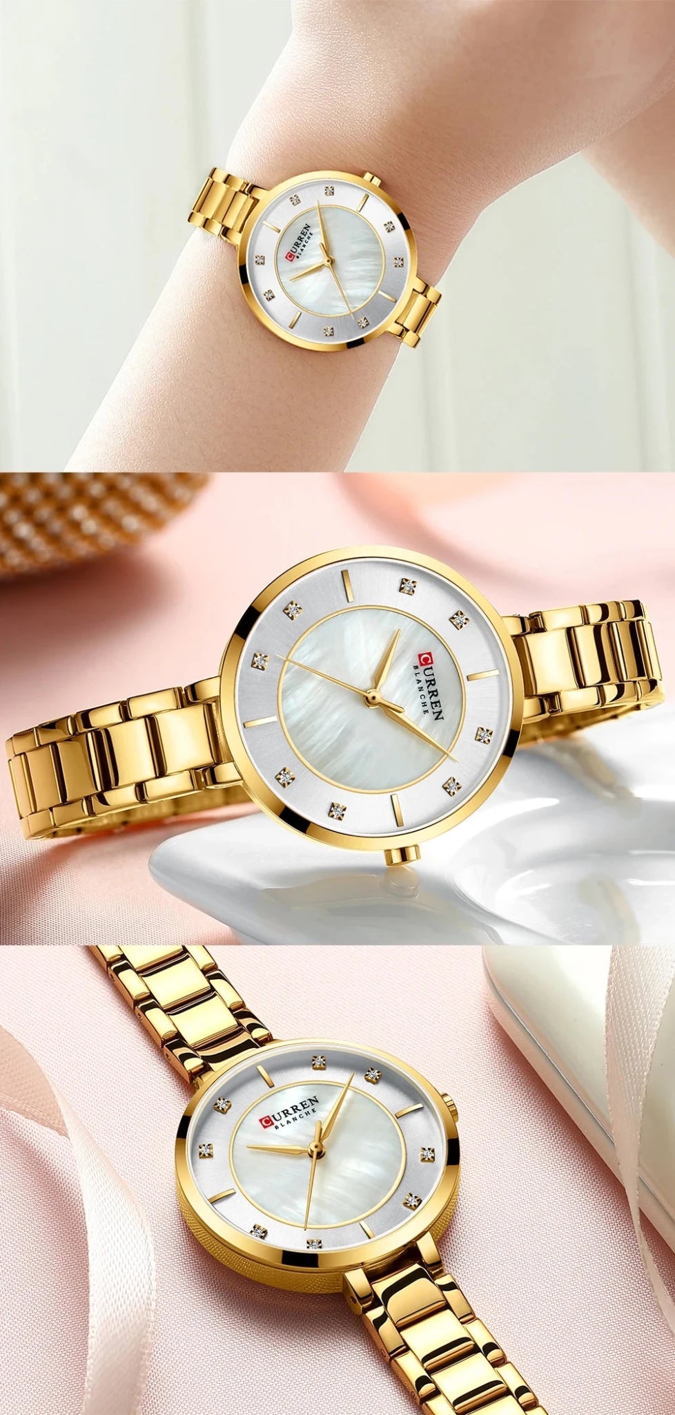 C-9051L Curren Silver Dial Golden Stainless Chain Steel Analog Quartz Women's Watch. - Timecheck