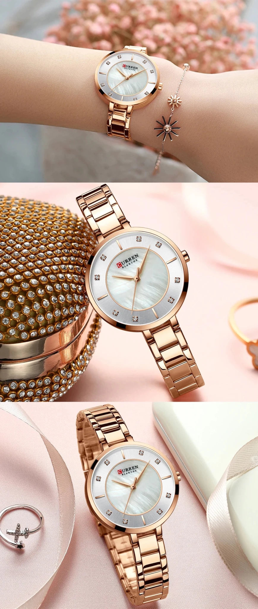 C-9051L Curren Silver Dial Rosegold Stainless Chain Steel Analog Quartz Women's Watch. - Timecheck
