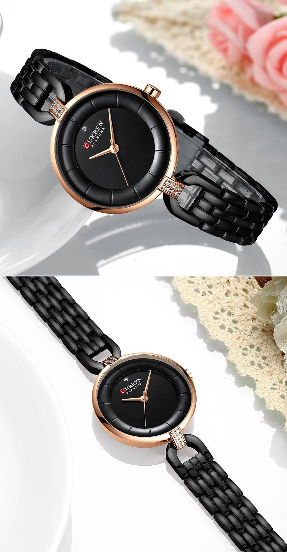 C-9052L Curren Black Dial Black Stainless Chain Steel Analog Quartz Women's Watch. - Timecheck