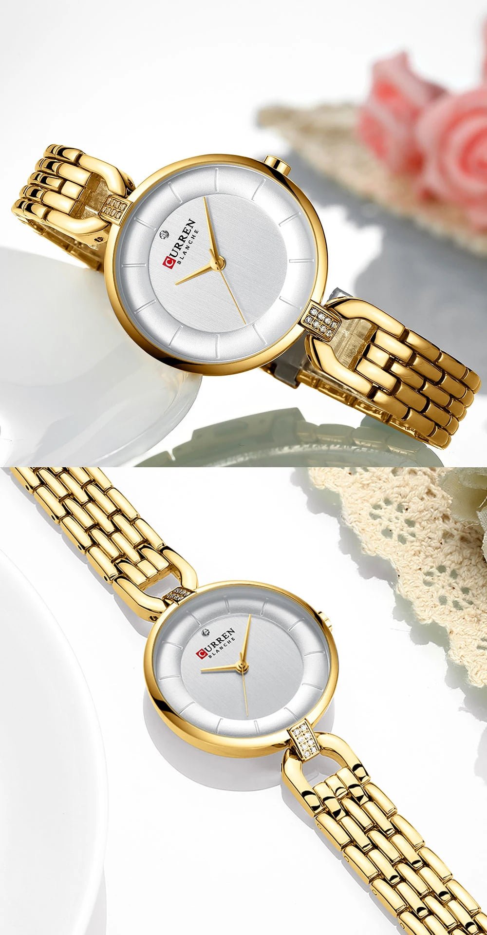 C-9052L Curren white Dial golden Stainless Chain Steel Analog Quartz Women's Watch. - Timecheck