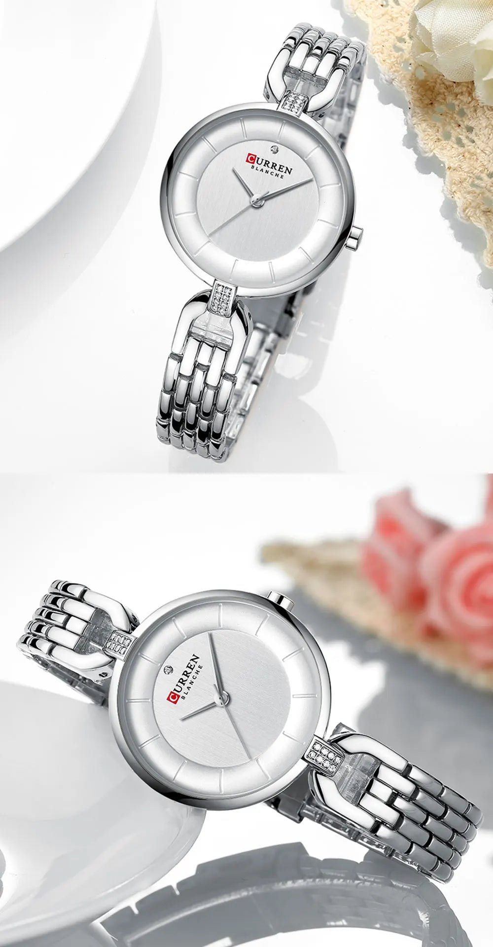 C-9052L Curren White Dial Silver Stainless Chain Steel Analog Quartz Women's Watch. - Timecheck
