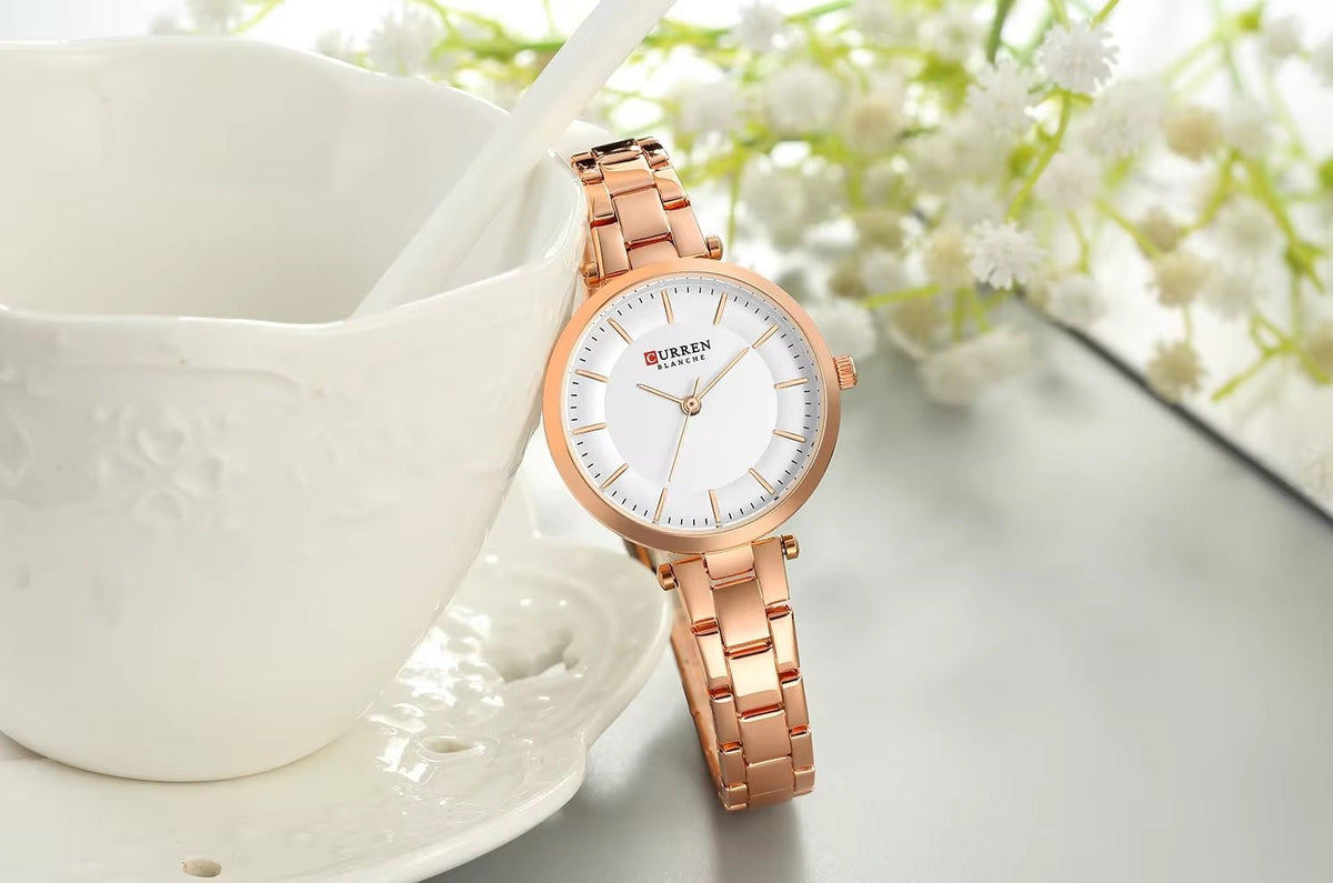 C-9054L Curren white Dial & rose-gold Stainless Steel Chain Analog Quartz Women's Watch. - Timecheck