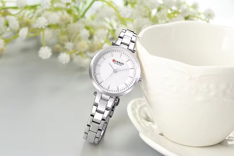 C-9054L Curren white Dial & silver Stainless Steel Chain Analog Quartz Women's Watch. - Timecheck