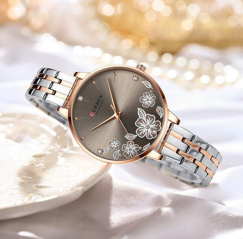 C-9068L Curren brown Dial & Silver/Gold Stainless Steel Chain Analog Quartz Women's Watch. - Timecheck