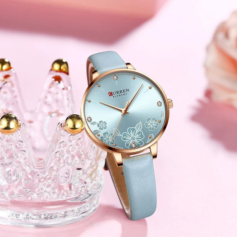 C-9068L Curren light Blue Dial & light Blue Lather straps Women's Watch. - Timecheck
