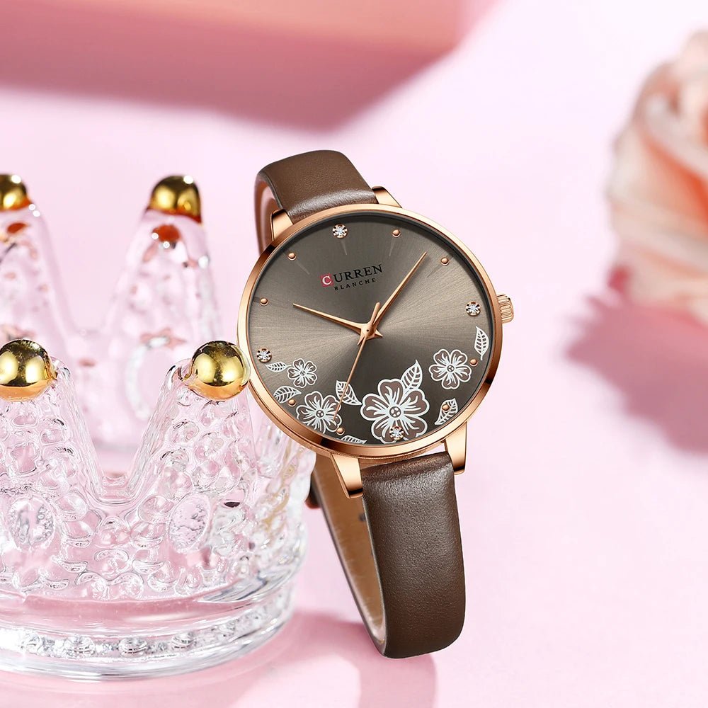 C-9068L Curren light brown Dial & light brown Lather straps Women's Watch. - Timecheck