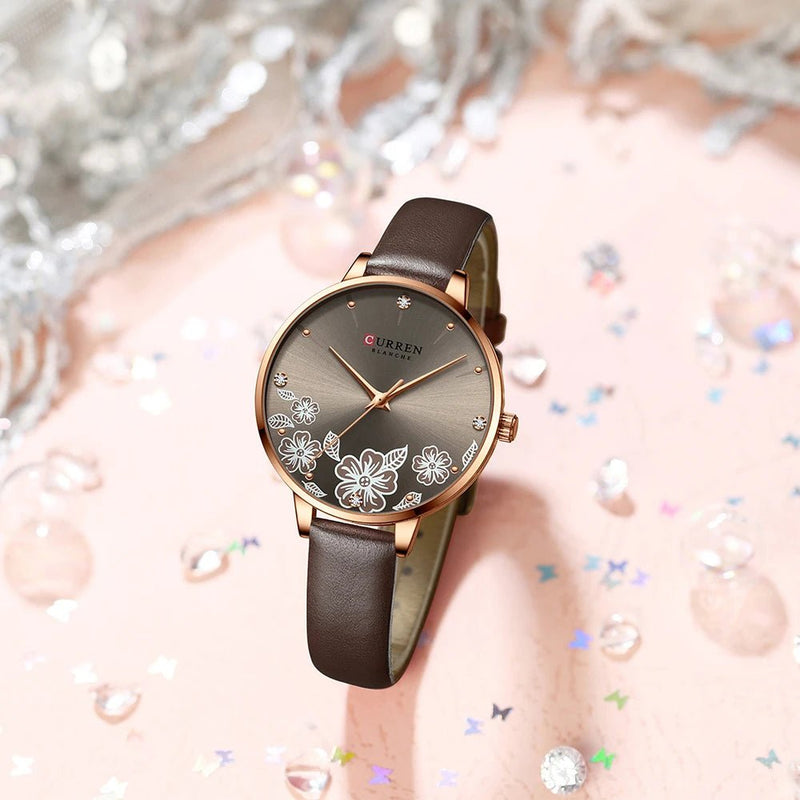 C-9068L Curren light brown Dial & light brown Lather straps Women's Watch. - Timecheck