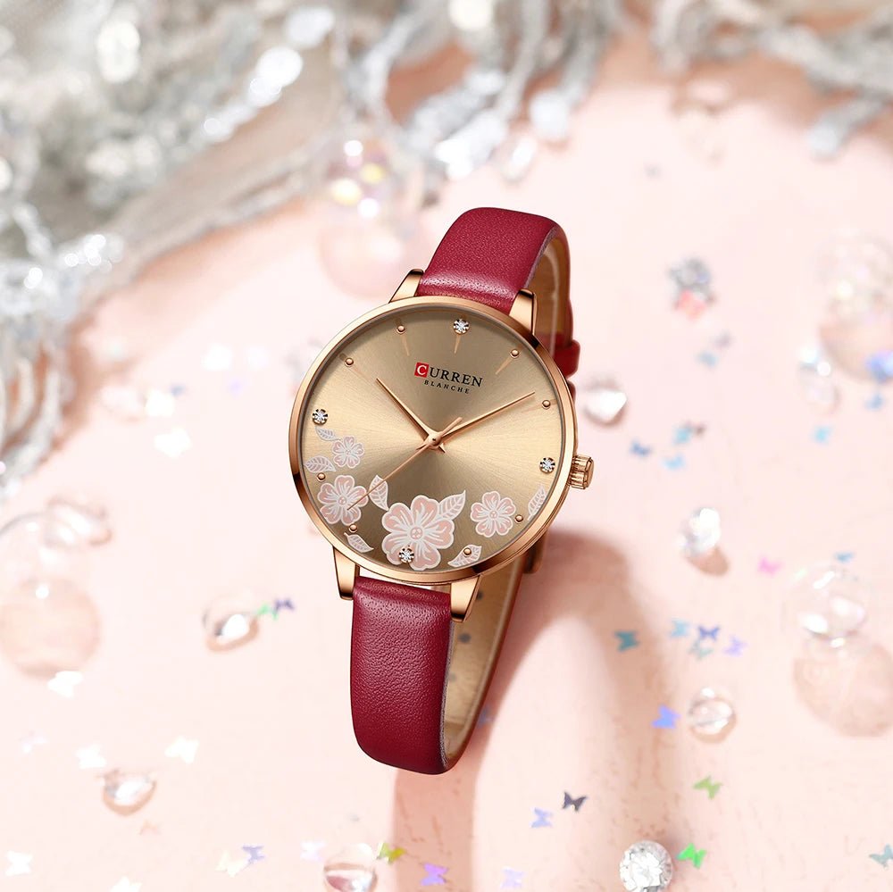 C-9068L Curren light brown Dial & Red Lather straps Women's Watch. - Timecheck