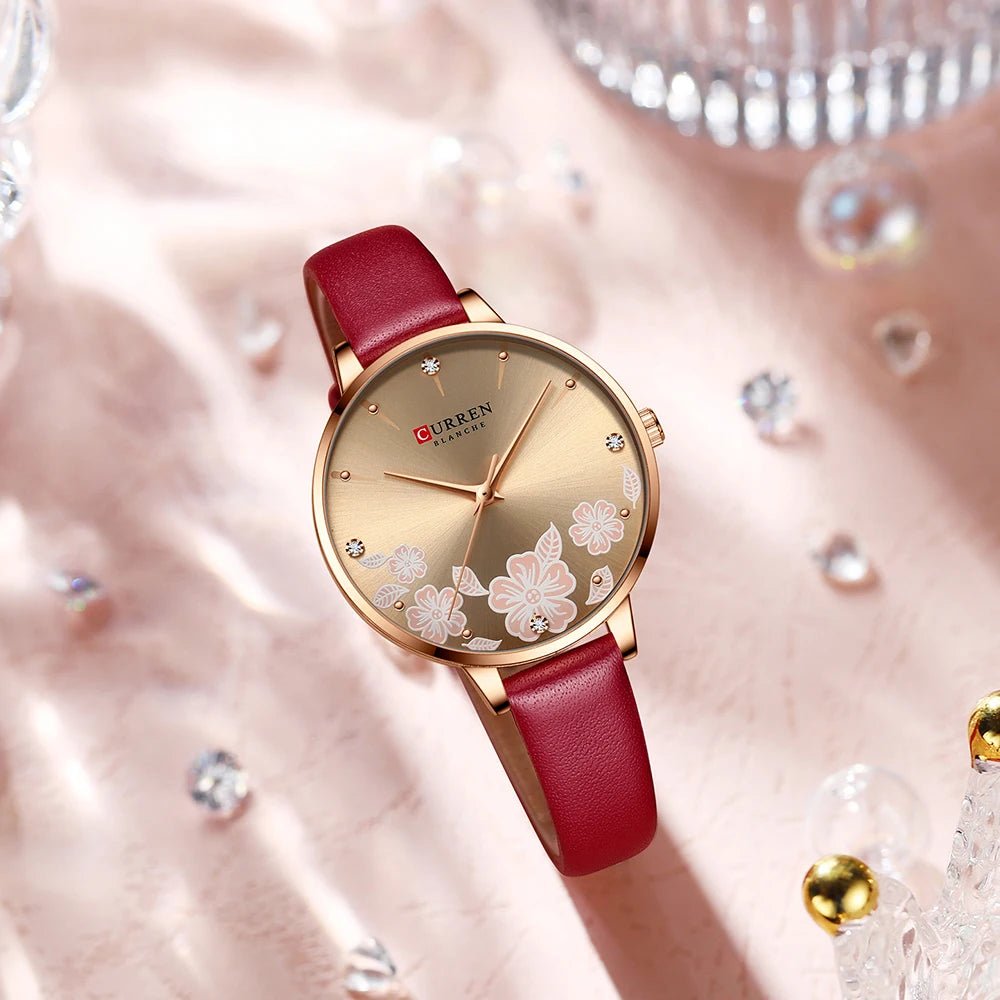 C-9068L Curren light brown Dial & Red Lather straps Women's Watch. - Timecheck