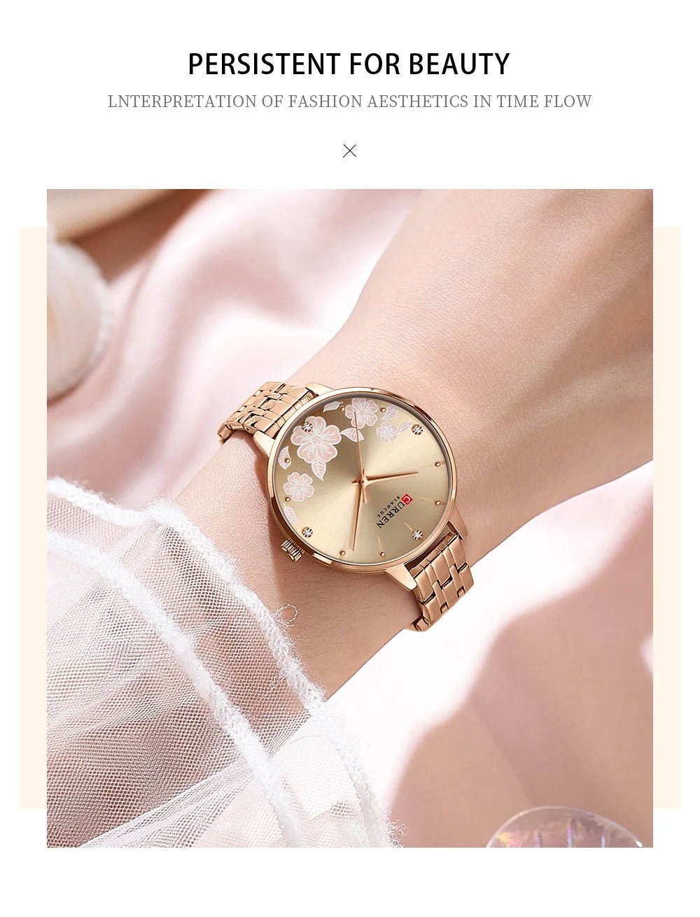 C-9068L Curren rose-gold Dial & rose-gold Stainless Steel Chain Analog Quartz Women's Watch. - Timecheck