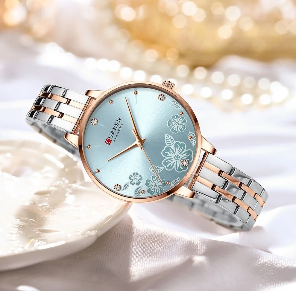 C-9068L Curren sky blue Dial & Silver/Gold Stainless Steel Chain Analog Quartz Women's Watch. - Timecheck