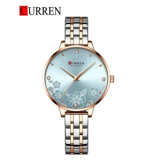 C-9068L Curren sky blue Dial & Silver/Gold Stainless Steel Chain Analog Quartz Women's Watch. - Timecheck