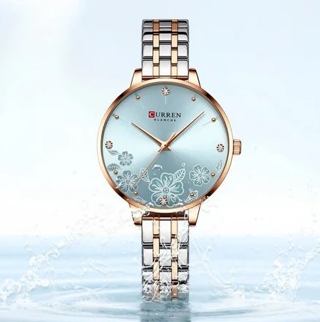 C-9068L Curren sky blue Dial & Silver/Gold Stainless Steel Chain Analog Quartz Women's Watch. - Timecheck