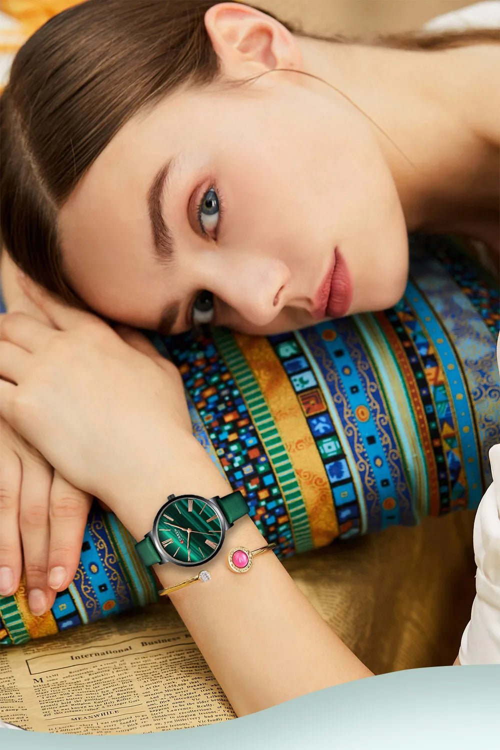 C-9076L Curren Green Dial Green Leather Strap Analog Quartz Women's Watch. - Timecheck