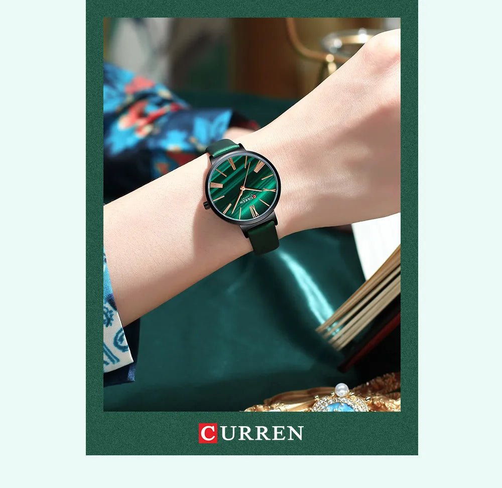 C-9076L Curren Green Dial Green Leather Strap Analog Quartz Women's Watch. - Timecheck